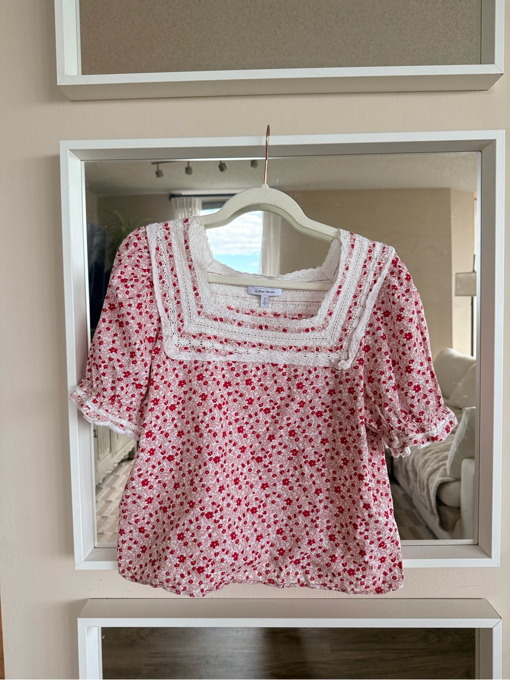 Lace-Trim Floral Square-Neck Top - Pink